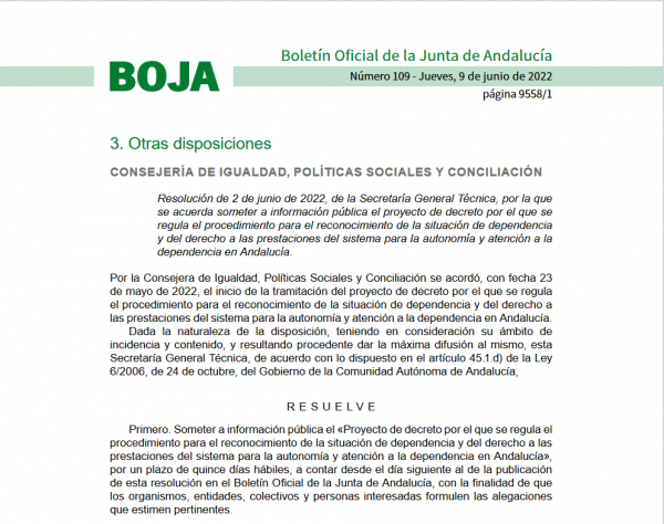 Impulso en la tramitación del proyecto de decreto que regula el procedimiento de dependencia en Andalucía