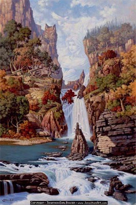 Phantom of the falls. Es un cuadro de J. Bowser que esconde figuras de seres en un idlico paisaje de cascada