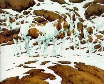 Pintos. Un ejemplo de mimetismo con caballos sobre un fondo de nieve creado por Bev Doolittle