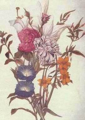 En este lienzo encontramos cinco perfiles ocultos entre las flores, como si estuviesen oliéndolas