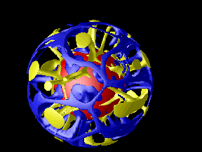 Modelo que muesta una conveccin deducida de los datos de tomografa ssmica. Las corrientes ascendentes (en forma de plumas) vienen reflejadas en amarillo, y las descendentes en azul. las primeras parten del contacto con en Ncleo externo (en rojo) y las segundas descienden hasta l.