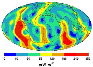 Flujo trmico en la superficie terrestre. Las zonas de dorsal tienen un flujo ms elevado que las zonas continentales.