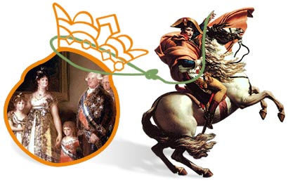 Detalles de los cuadros: La familia de Carlos IV (1800), Francisco de Goya y Lucientes. Museo Nacional del Prado; Napolen atravesando los Alpes (1800-1801), Jacques-Louis David. Muse National du Chteau de Malmaison