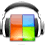 Mosaico de cuatro cuadrados de colores junto a auriculares