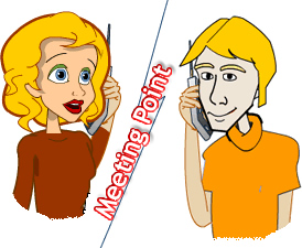 Dibujo de Brian y una chica hablando por telfono. Sobreimpreso texto: MeetingPoint