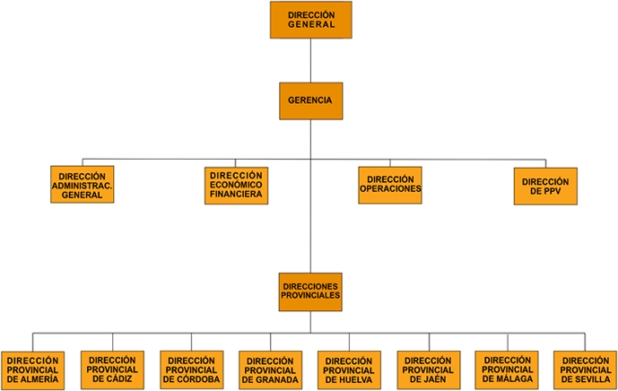 Organigrama: diagrama en arbol empezando en Dirección General. A partir de este puesto, el segundo nivel lo ocupa la Gerencia, y en un tercer nivel figuran, por una parte, cuatro Direcciones de Áreas, de Administración General, Económico-Financiero, Operaciones y Parque Público de Vivienda, y de otra parte, las ocho direcciones provinciales.