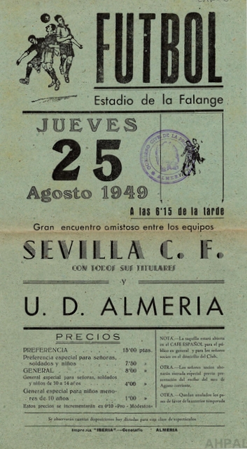 Encuentro amistoso entre el Sevilla F.C. y la Unión Deportiva Almería, año 1949 [AHPAL CAR-006]