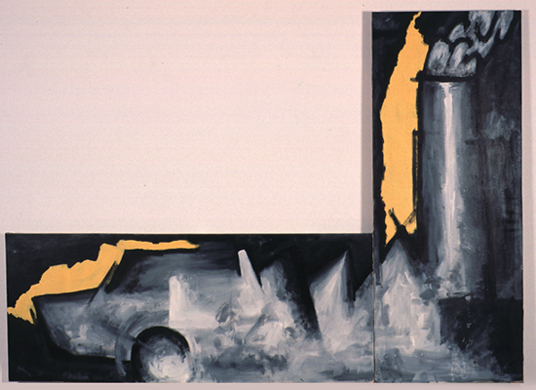 PEDRO G. ROMERO. Fbrica de coches, 1985
Acrlico sobre lienzo. 2 piezas: (1/2): 200,4 x 81,2 x 3,5 cm ; (2/2): 81 x 200,4 x 3,8 cm