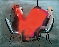 Tala Madani. Red Interrogation, 2012. leo y spray sobre lienzo. 40,6 x 51,4 cm