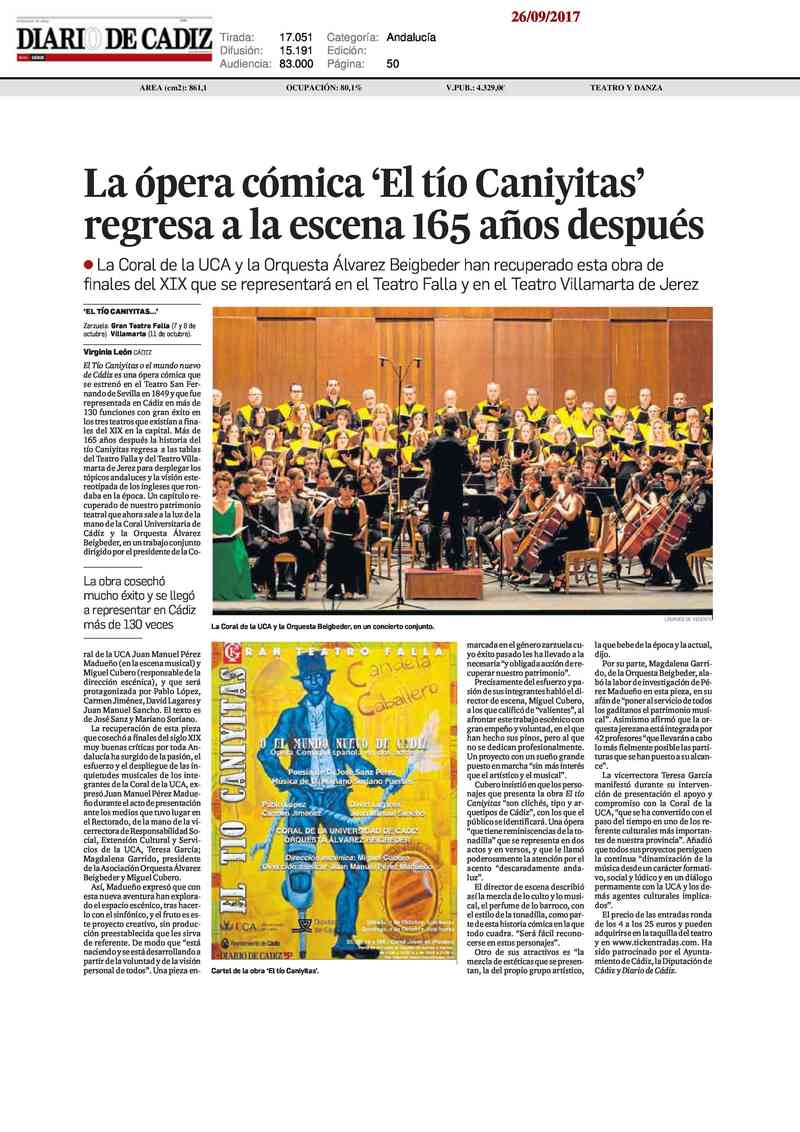 Diario de Cádiz. La ópera cómica El tío Caniyitas regresa a la escena 165 años después
