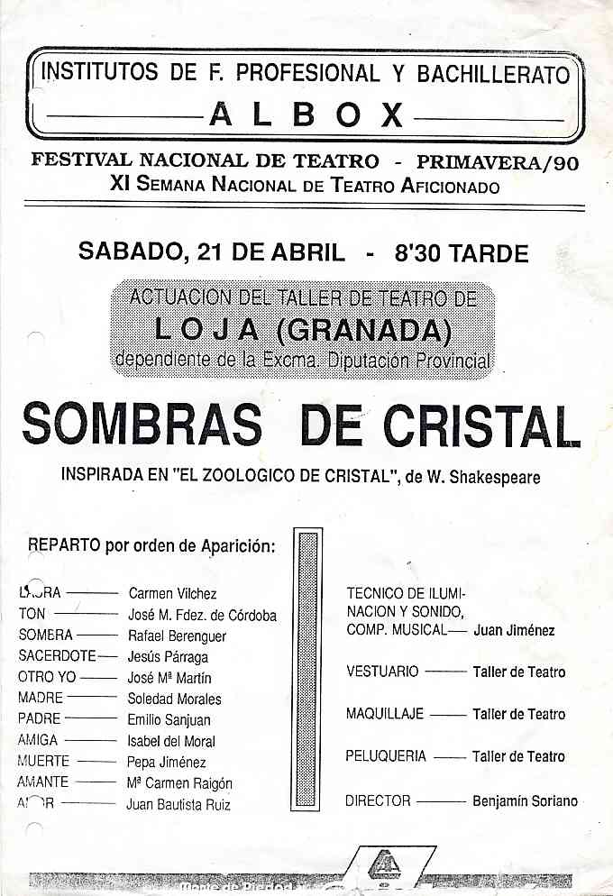 Sombras de cristal. Festival nacional de Teatro primavera/90 XI semana nacional de Teatro aficionado
