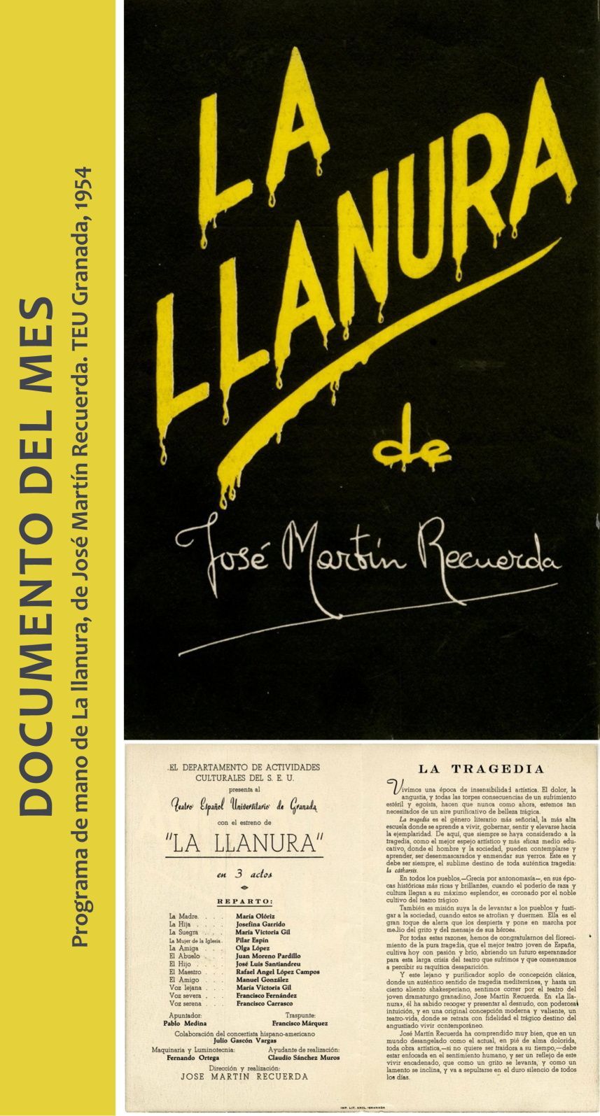 Programa de mano de La llanura, de José Martín Recuerda. TEU Granada, 1954