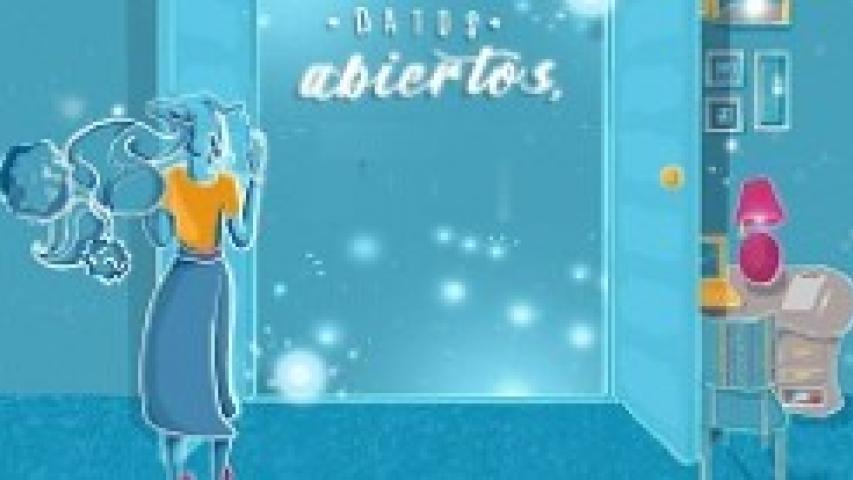 Ilustracion en la que una persona abre una puerta en la que aparece las palabras 'Datos' y 'abiertos'