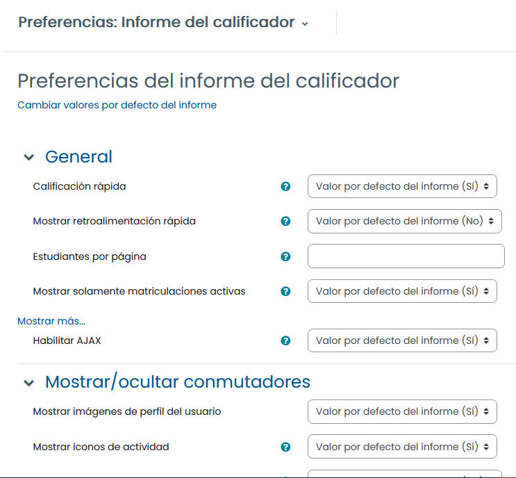 Configuración de preferencias en el calificador 1