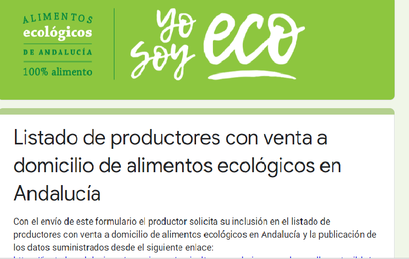 Formularios de inscripción al listado de productores con venta a domicilio de alimentos ecológicos en Andalucía