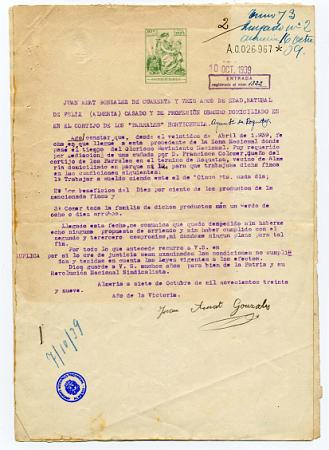 Juan Amat González, natural de Felix, denuncia a Francisco Colomer, dueño del cortijo de Los Parrales, en Roquetas de Mar, por haberle despedido sin cumplir lo acordado entre ambos.