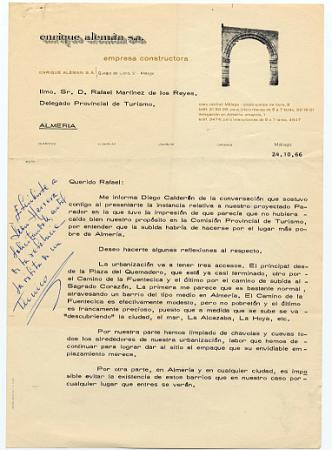 Carta que escribe Enrique Alemán a Rafael Martínez de los Reyes, Delegado Provincial de Turismo, tratando el tema del acceso urbano que tendría el Parador Nacional que se pretende construir.