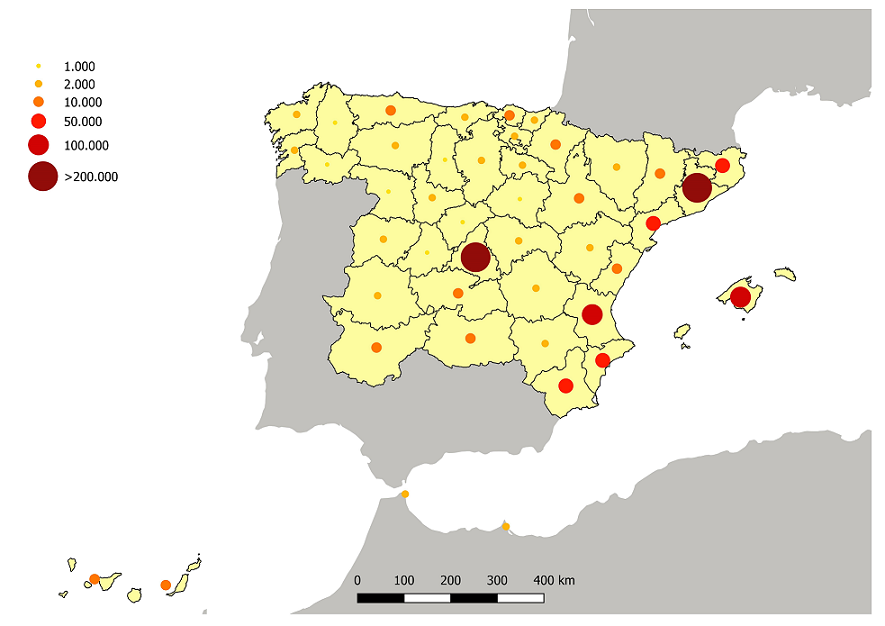 Distribución provincial de la población nacida en Andalucía y residente en el resto de España. 1 de enero de 2023