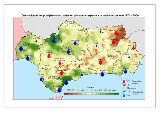 Desviación de las precipitaciones en primavera respecto a la media del periodo 1971 – 2000 
