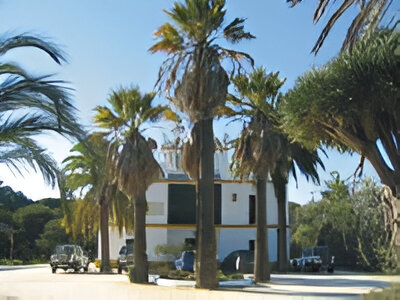 Edificio típico andaluz, color blanco y albero, rodeado de palmeras