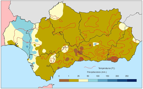 Amplia en nueva ventana: Comportamiento climatológico medio en verano: temperaturas medias y precipitaciones totales