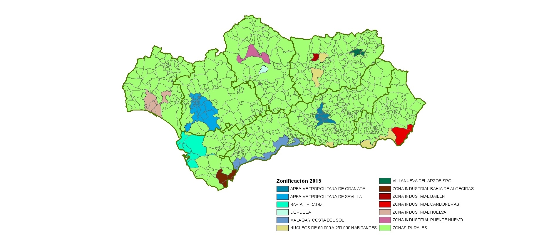 Ampliar imagen: Mapa de Andalucía en el que se marcan las zonas de influencia de los Planes de Calidad del Aire