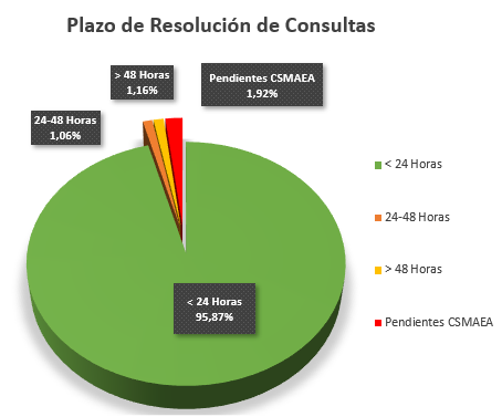 Porcentajes de consultas que se resuelven en un plazo determinado (menos de 24h: 95,87%; de 24h a 48h: 1,06%; más de 48h: 1,16%; y pendientes: 1,92%).