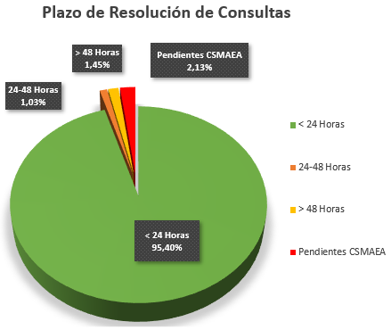 Plazo de resolución de consultas (menos de 24h: 95,40%; de 24h a 48h: 1,03%; más de 48h: 1,45%; y pendientes: 2,13%)