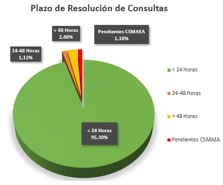 Plazo de resolución de consultas (menos de 24h: 95,30%; de 24h a 48h: 1,12%; más de 48h: 2,48%; y pendientes: 1,10%)