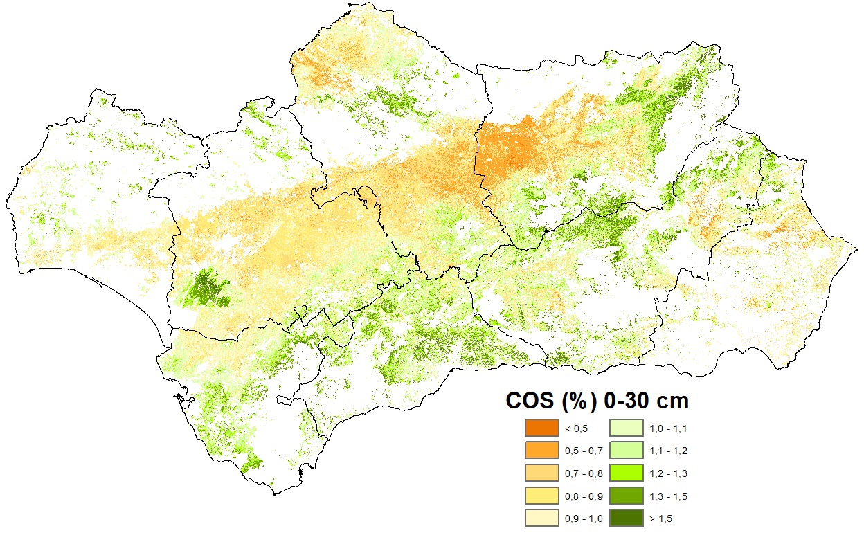 Mapa de carbono orgánico en el suelo, de 0 a 30 cm.