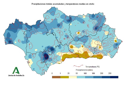 Comportamiento climatológico medio en primavera : temperaturas medias y precipitaciones totales 