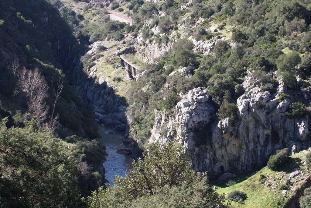 Ampliar imagen: Fotografía desde una colina de un cañón natural de roca con vegetación y en el fondo de dicho cañón un río.