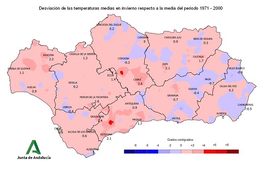 Desviación de las temperaturas medias en invierno respecto a la media del periodo 1971–2000
