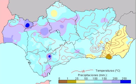 Comportamiento climatológico medio en Otoño: temperaturas medias y precipitaciones totales.