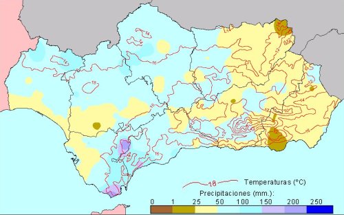 Comportamiento climatológico medio en Primavera: temperaturas medias y precipitaciones totales