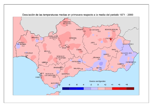 Desviación de las temperaturas medias en primavera respecto a la media del periodo 1971 – 2000 