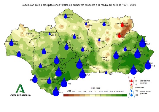 Desviación de las precipitaciones en primavera respecto a la media del periodo 1971-2000