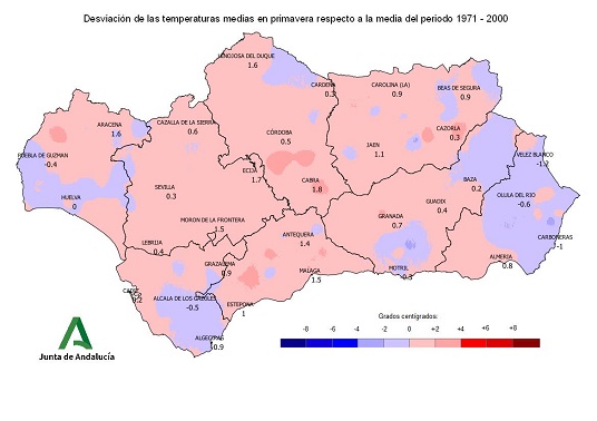 Desviación de las temperaturas medias en invierno respecto a la media del periodo 1971–2000