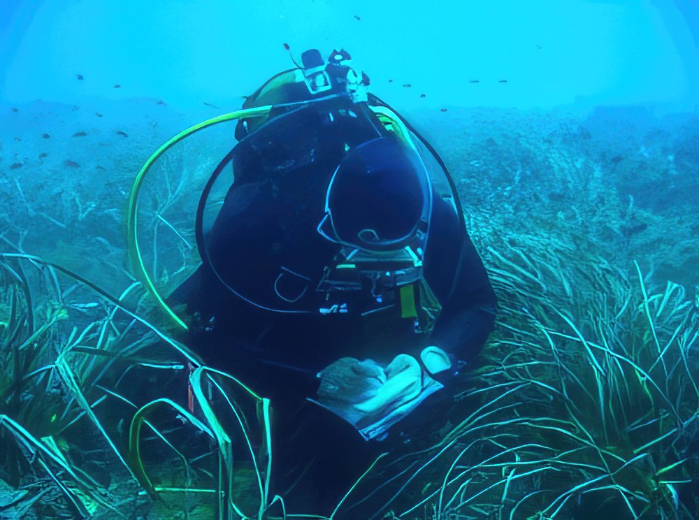 Buzo realizando trabajos de cartografiado y caracterización de una pradera de Posidonia oceánica