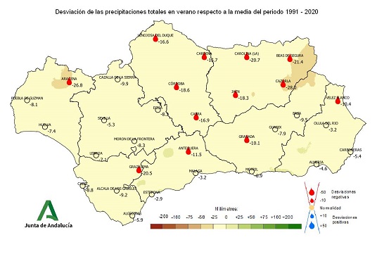 Desviación de las precipitaciones en verano respecto a la media del periodo 1991-2020