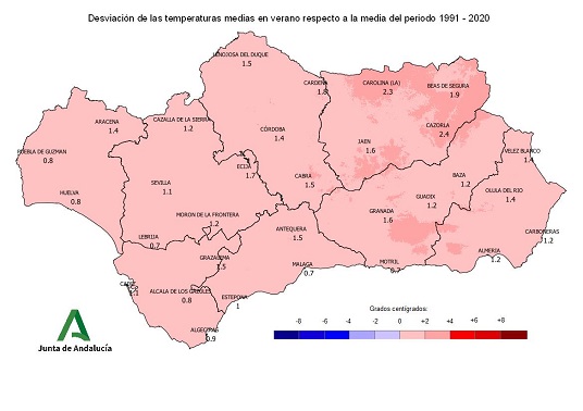 Desviación de las temperaturas medias en verano respecto a la media del periodo 1991–2020