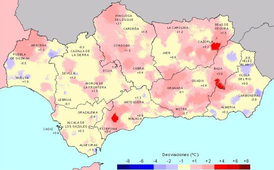 Desviación de las temperaturas medias en Primavera con respecto a la media del periodo 1971 - 2000