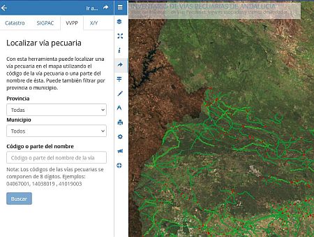 Fragmento de mapa de una vía pecuaria en el Visor de REDIAM