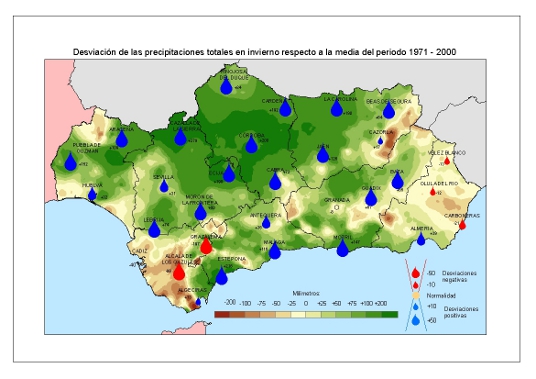 Desviación de las precipitaciones en invierno respecto a la media del periodo 1971 – 2000 