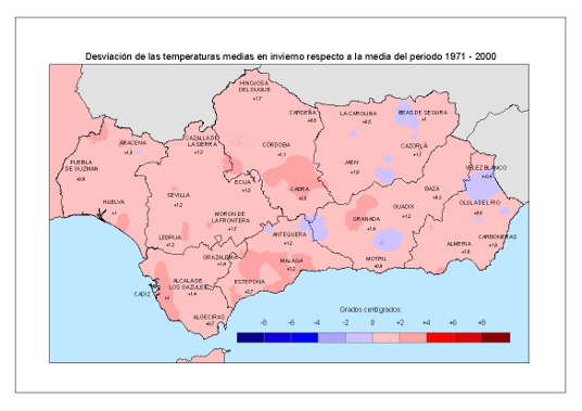 Desviación de las temperaturas medias en invierno respecto a la media del periodo 1971 – 2000 