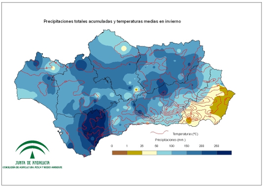 Comportamiento climatológico medio en invierno: temperaturas medias y precipitaciones totales 