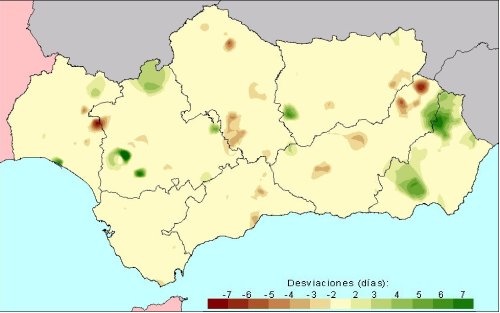 Desviación del número de días de lluvia en Primavera con respecto a la media del periodo 1971 - 2000