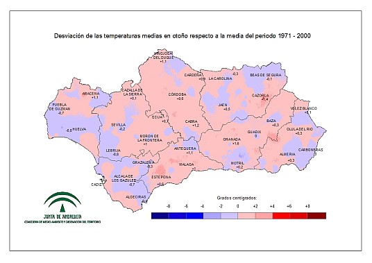 Desviación de las temperaturas medias en Otono respecto a la media del periodo 1971–2000
