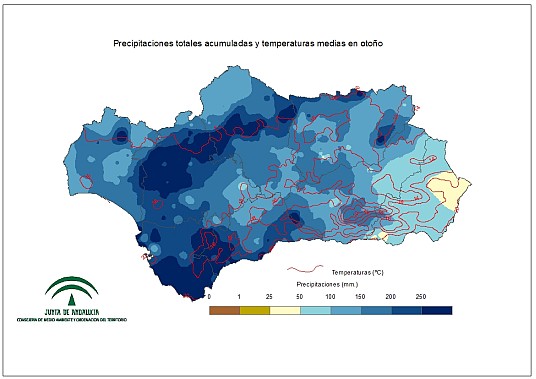 Comportamiento climatológico medio en Otono: temperaturas medias y precipitaciones totales 