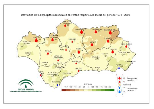 Desviación de las precipitaciones en verano respecto a la media del periodo 1971-2000